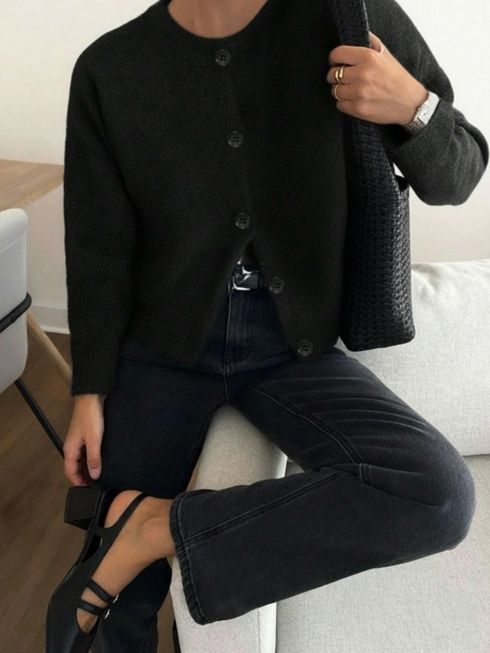 Black Knit Button Through Cardigan Round Neck Long Sleeve